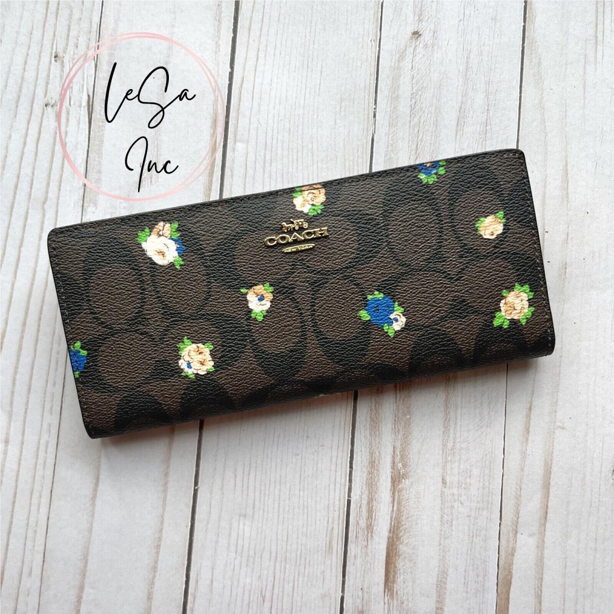 Coach Women`s Slim Wallet In Signature Canvas with Vintage Mini Rose Print C7383