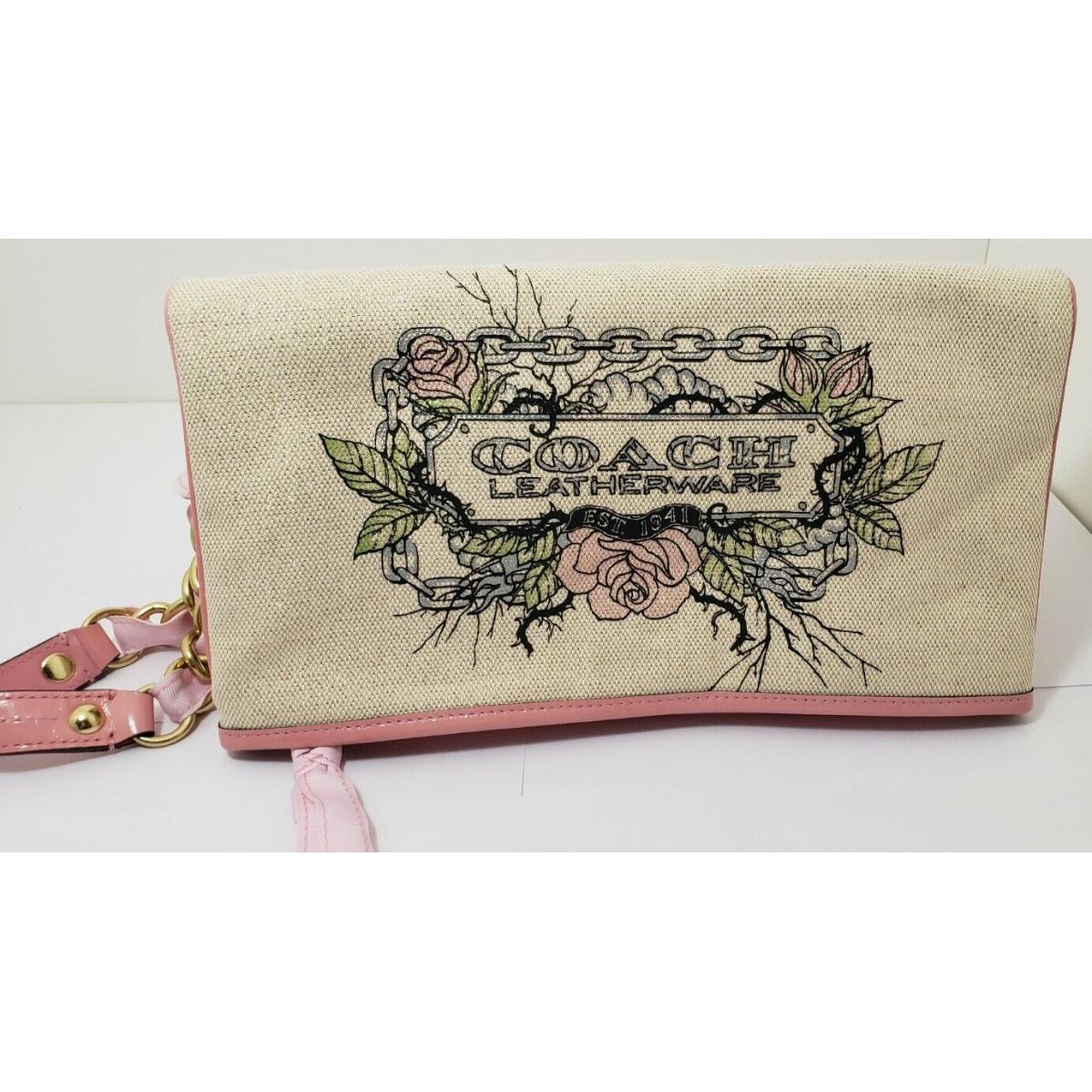 Coach Canvas Foldover Clutch Wristlet Purse Limited Tattoo Cream and Pink Rare