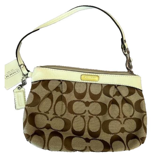 Coach Khaki White Signature Canvas Leather Trim Wristlet Bag