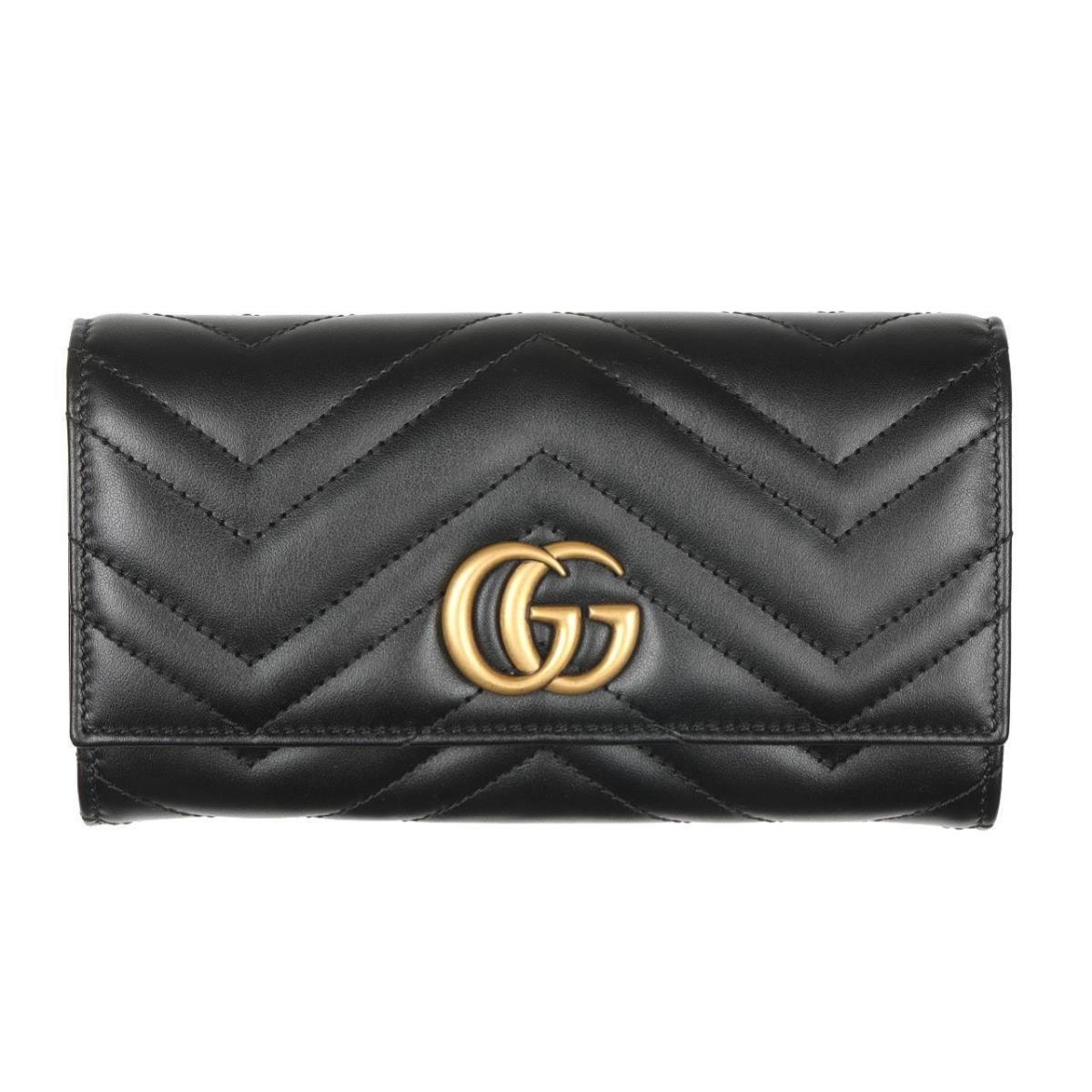 Gucci Luxury Black Leather GG Marmont Continental Wallet W/box