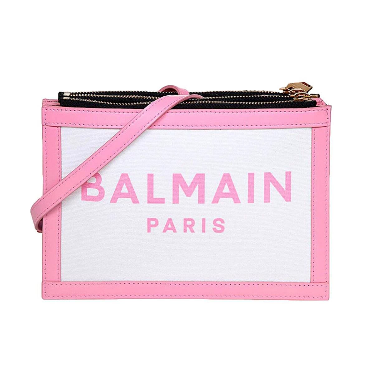 Balmain B-army 26 Logo Canvas and Pink Leather Small Crossbody Bag