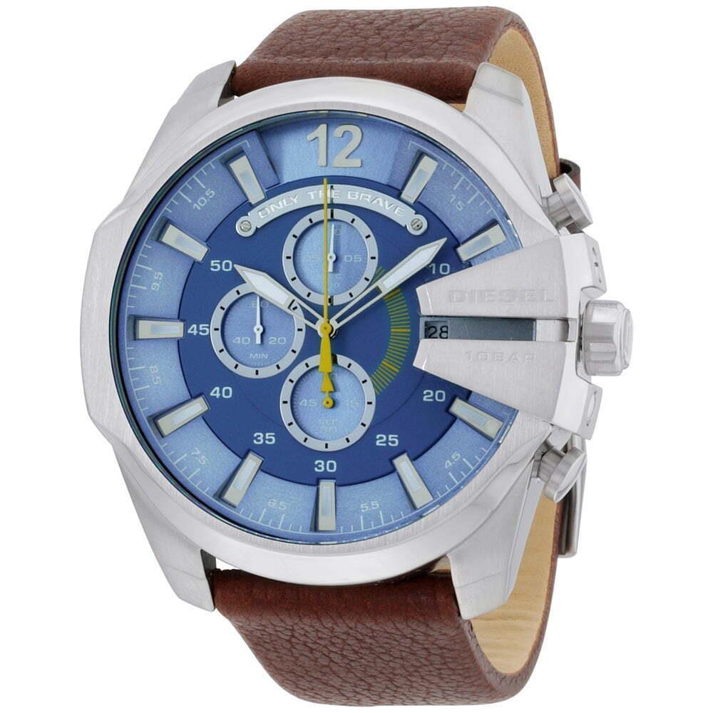 Diesel Mega Chief Quartz Movement Blue Dial Men`s Watch DZ4281 - Dial: Silver, Blue, Band: Brown, Bezel: Silver