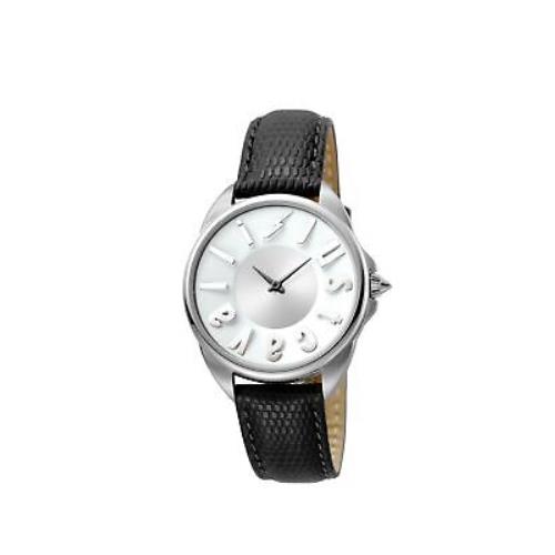 Just Cavalli Women`s JC1L008L0015 Logo Silver Dial Black Leather Wristwatch