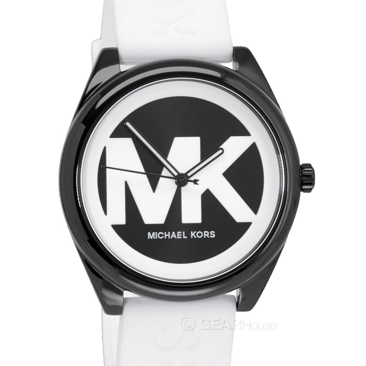 Michael Kors Womens Janelle Casual Watch Black MK Logo Dial White Silicone Band