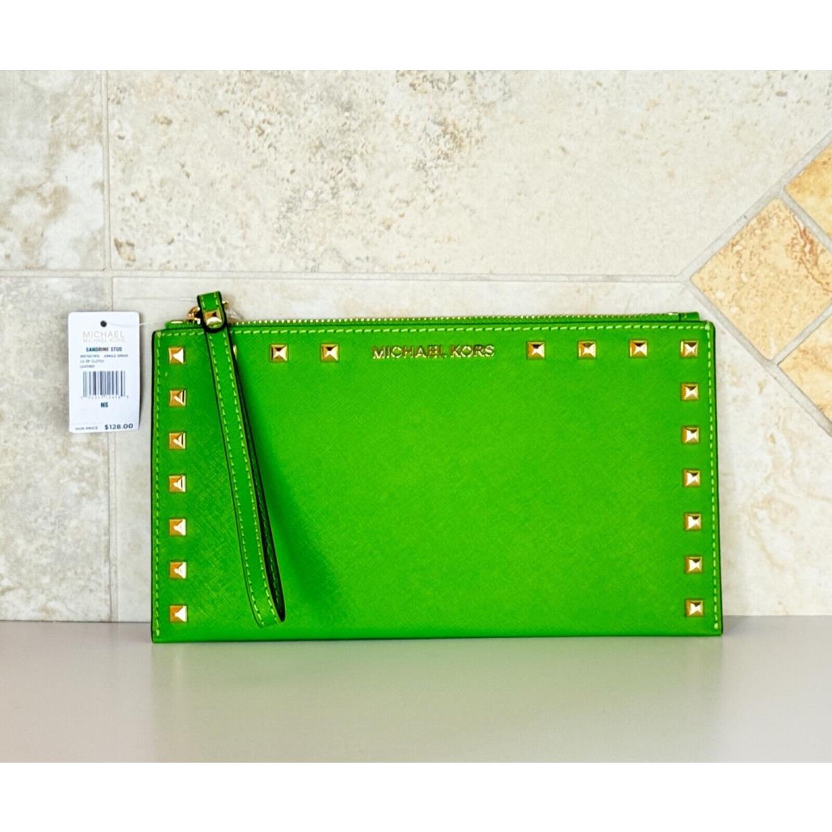 Michael Kors Jet Set Travel Large Clutch Leather Wristlet Studded Jungle Green