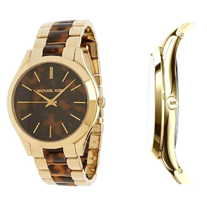 Michael Kors Runway Gold Tone Tortoise Brown 2 Tone Bracelet Watch MK4284 - Dial: Brown, TORTOISE, Band: Brown, Gold, Bezel: Brown, Gold