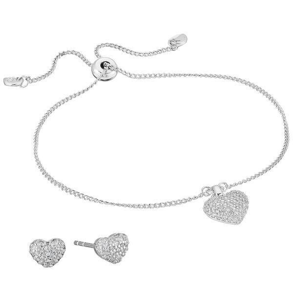 Michael Kors Sterling Silver Pav Puffed Heart Slider Bracelet Stud Earrings