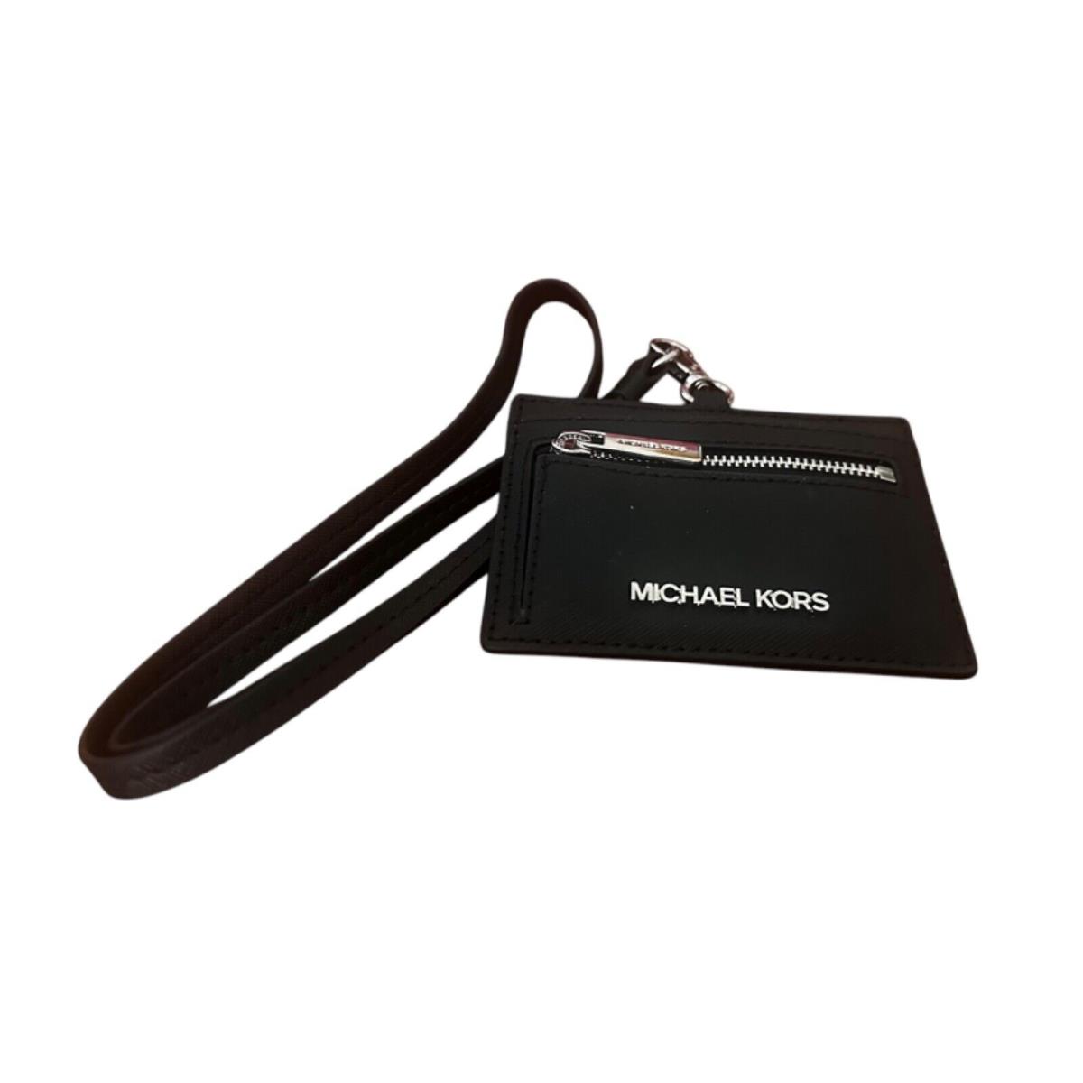 Michael Kors Jet Set Card Case with ID Lanyard -black-leather-zipper Compartment