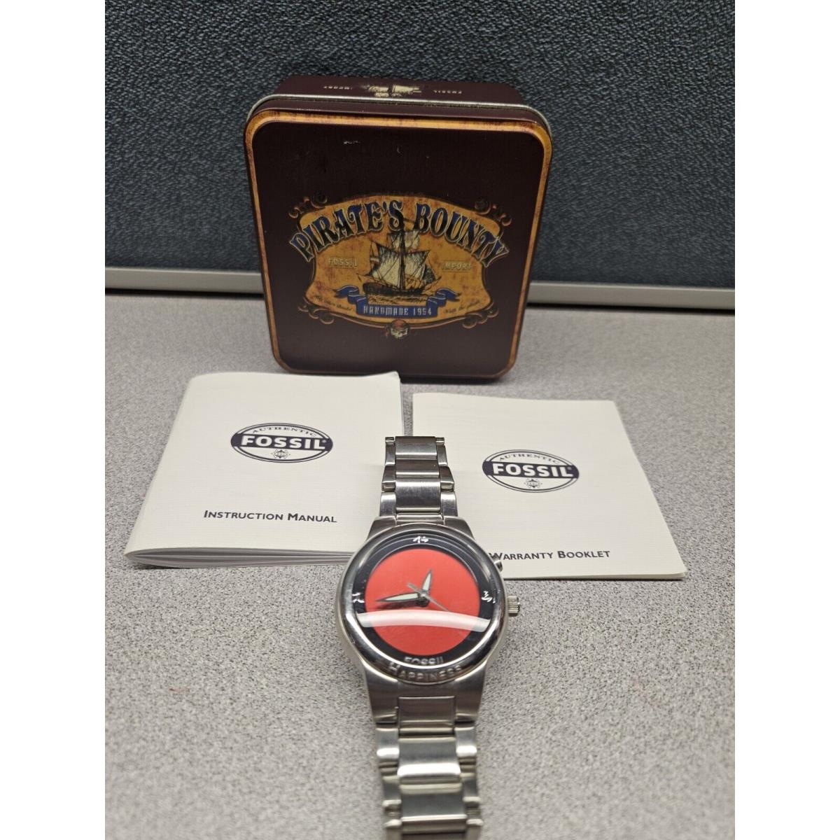 Vtg Fossil Big Tic Happiness Watch Men Kanji Red Silver Tone Needs Battery 7.75