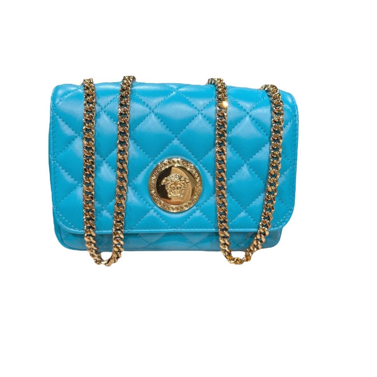 Versace Quilted La Medusa Blue Calf Leather Shoulder Bag W/gold Chain DBF11635