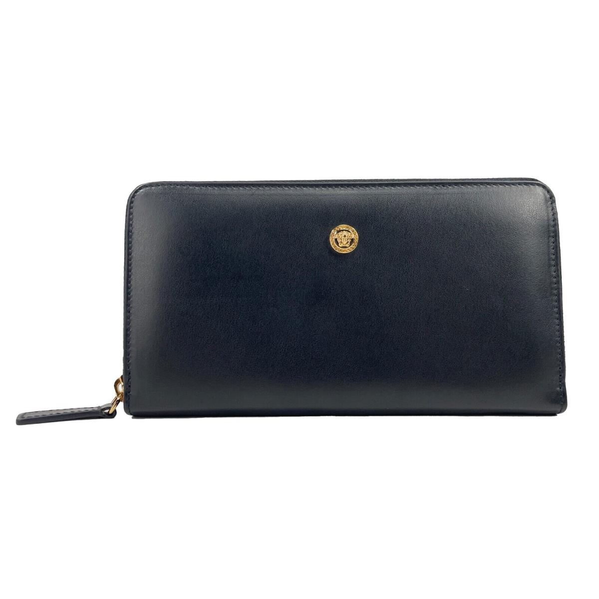 Versace Black Leather Continental Clutch Zip Wallet