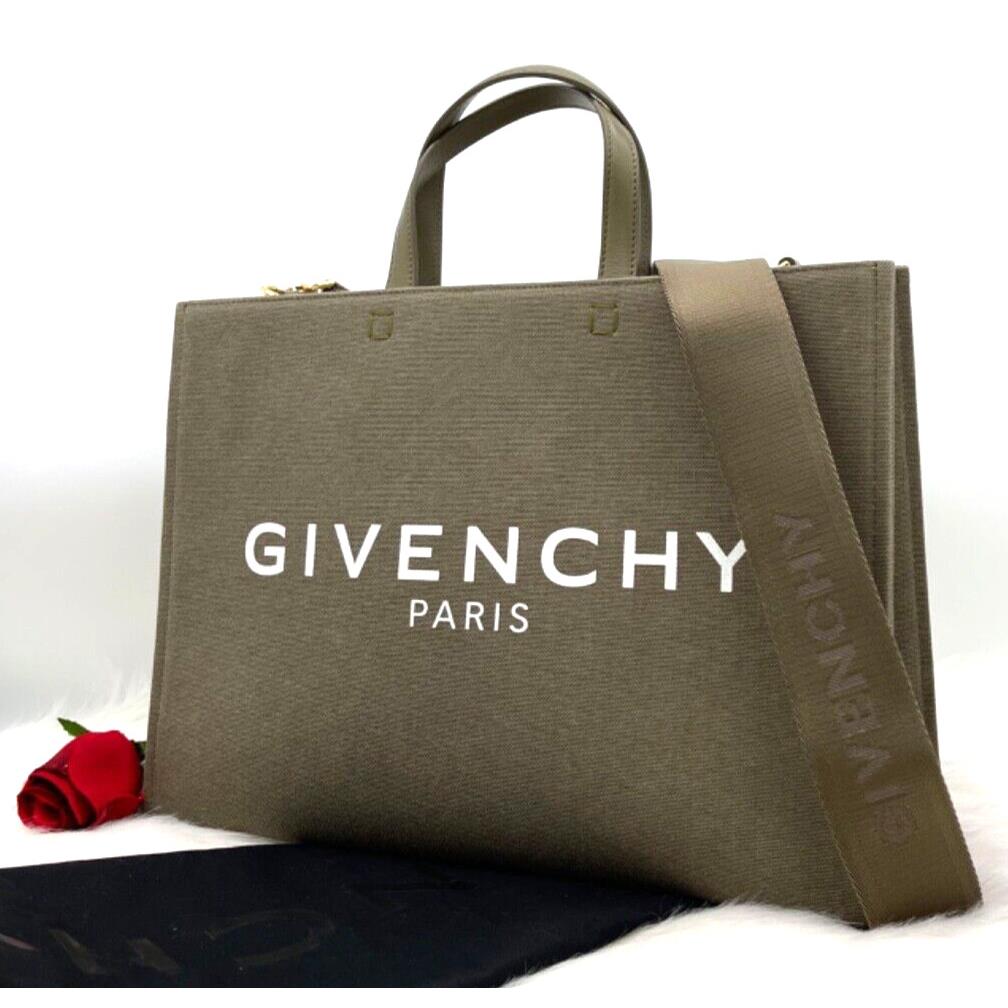 Givenchy G Logo Medium Canvas Tote Shopper Bag In Dark Khaki