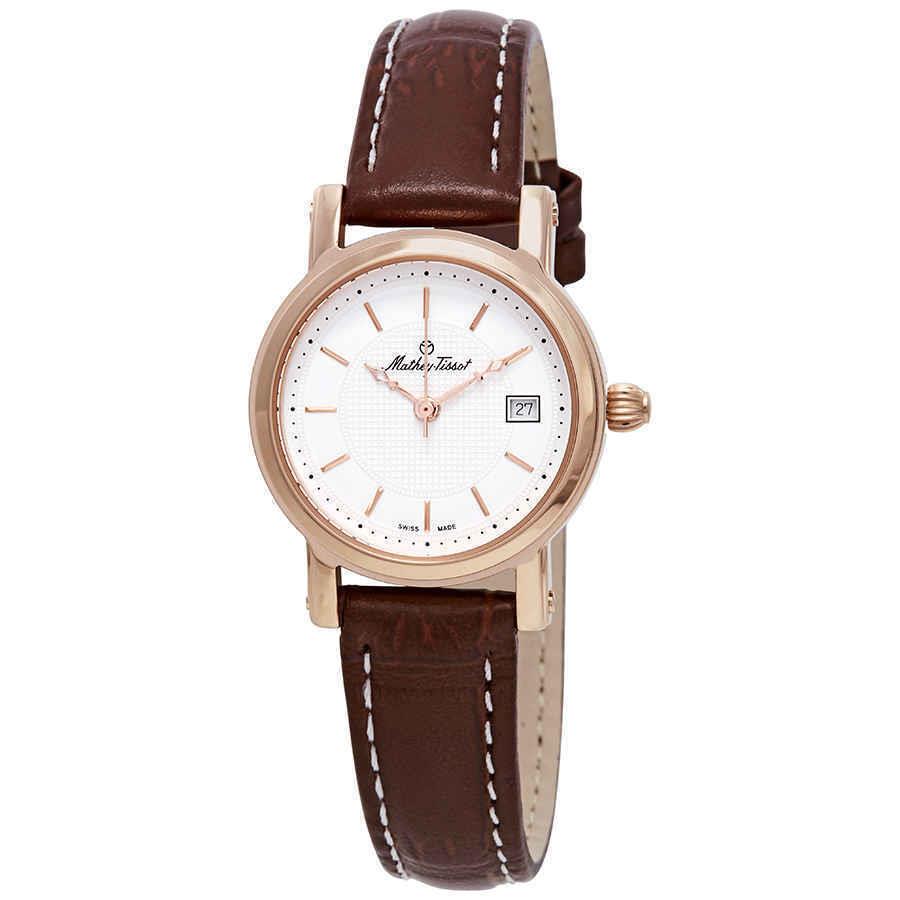 Mathey-tissot City White Dial Ladies Watch D31186PI - Dial: White, Band: Brown, Bezel: Rose Gold PVD