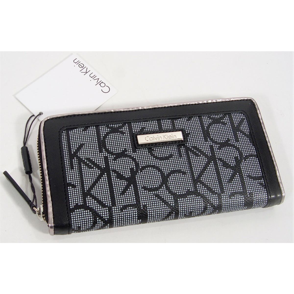 Calvin Klein Women`s Monogram Logo Black White Zip Around Wallet + Gift Box