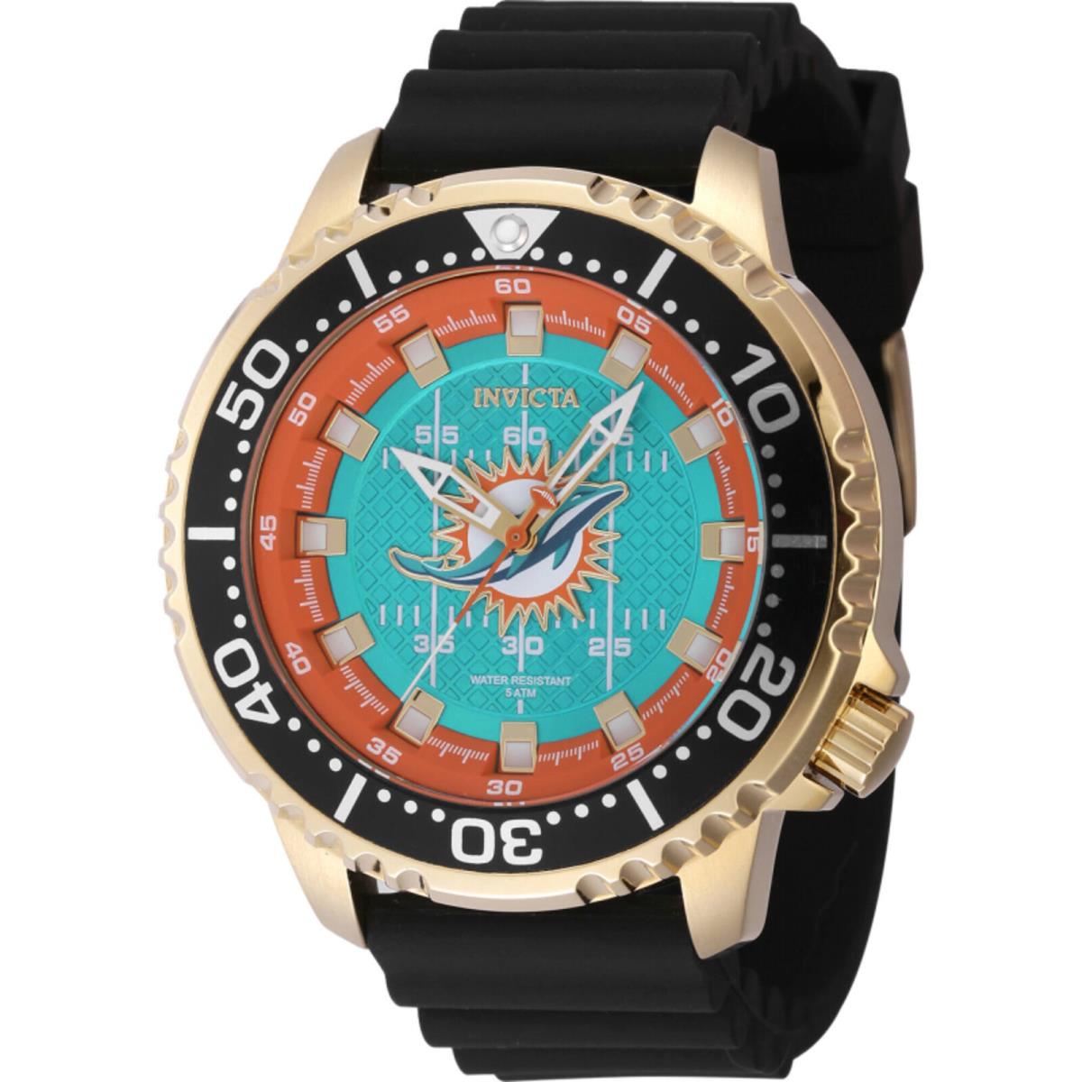 Invicta Men`s Watch Nfl Miami Quartz Dolphins Yellow Gold Case Black Strap 48109