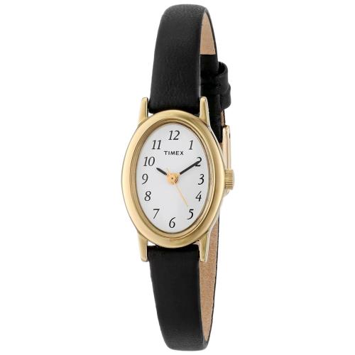 Timex T21912 Cavatina Women`s Black Leather Band Watch - Dial: White, Band: Black, Bezel: Gold