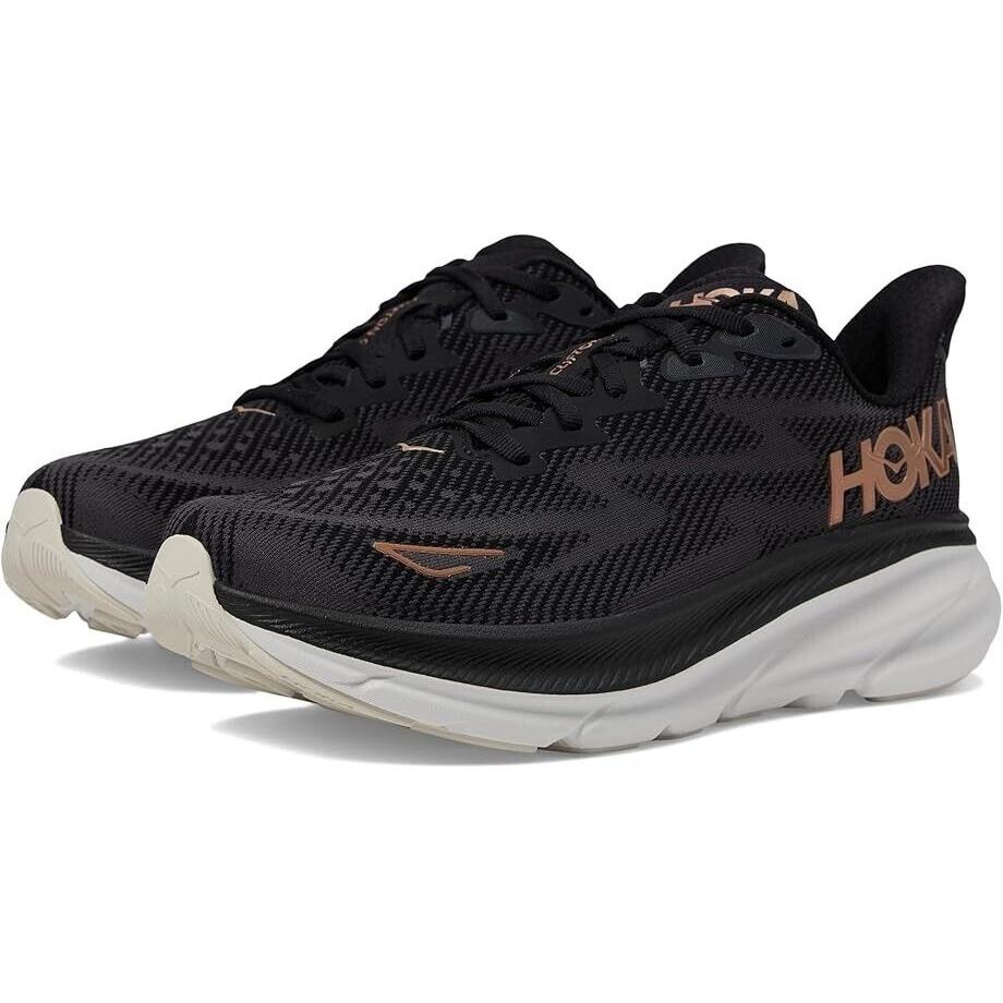 Women`s Hoka Clifton 9 Black Rose Gold Various Wide Sizes W/ Box