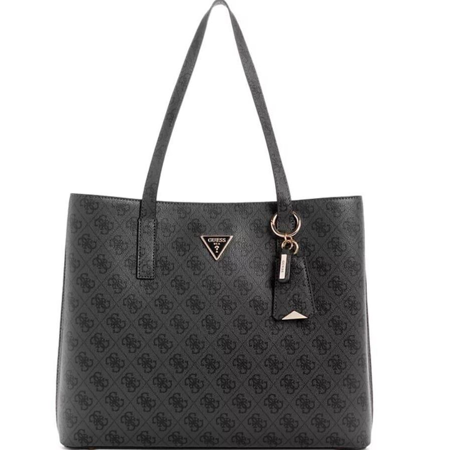 Guess Meridian Girlfriend Monogram Logo Faux-leather Large Tote -coal/dark Gray