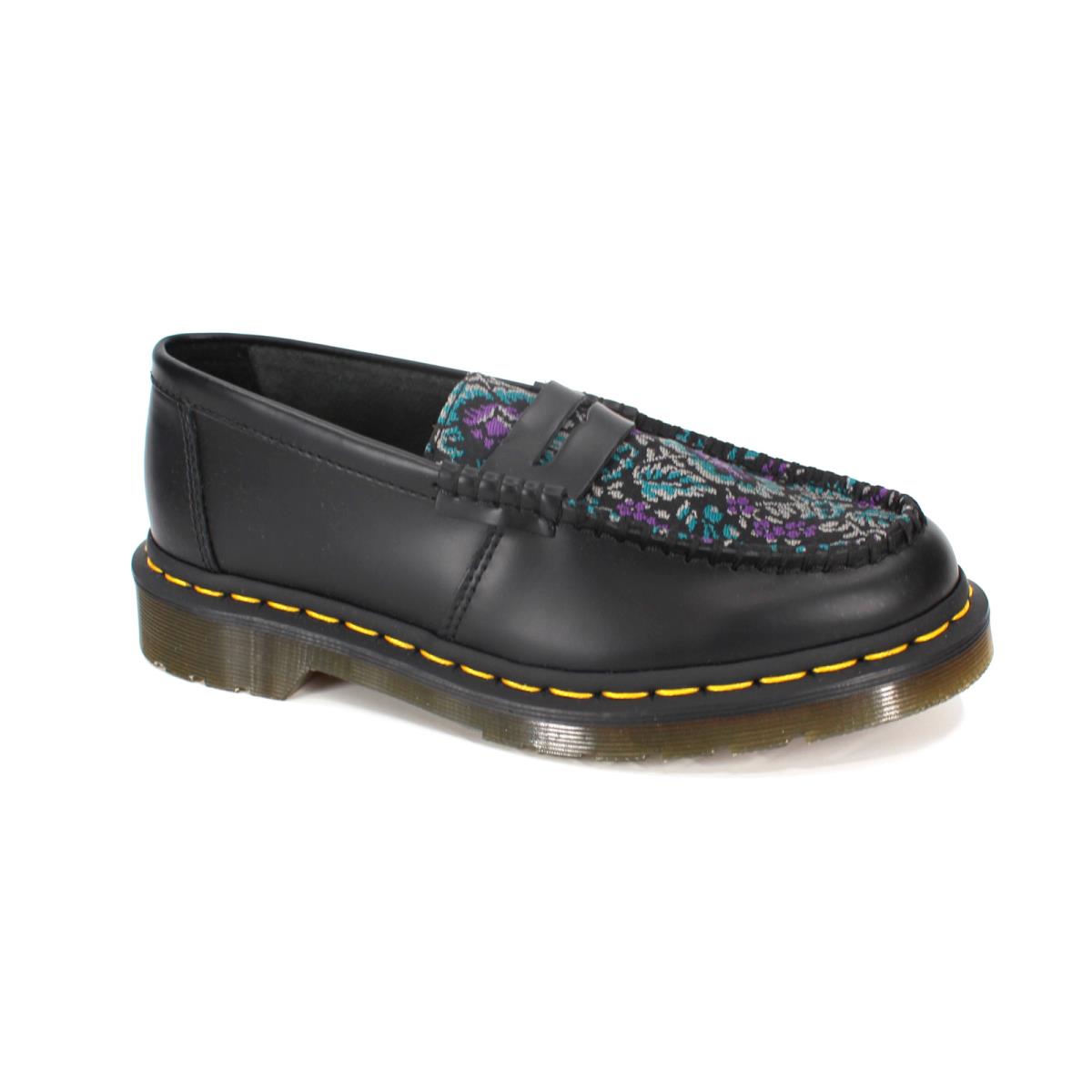 Dr. Martens Penton Floral Loafers Black Leather Jacquard Slip On Shoes Sz 9