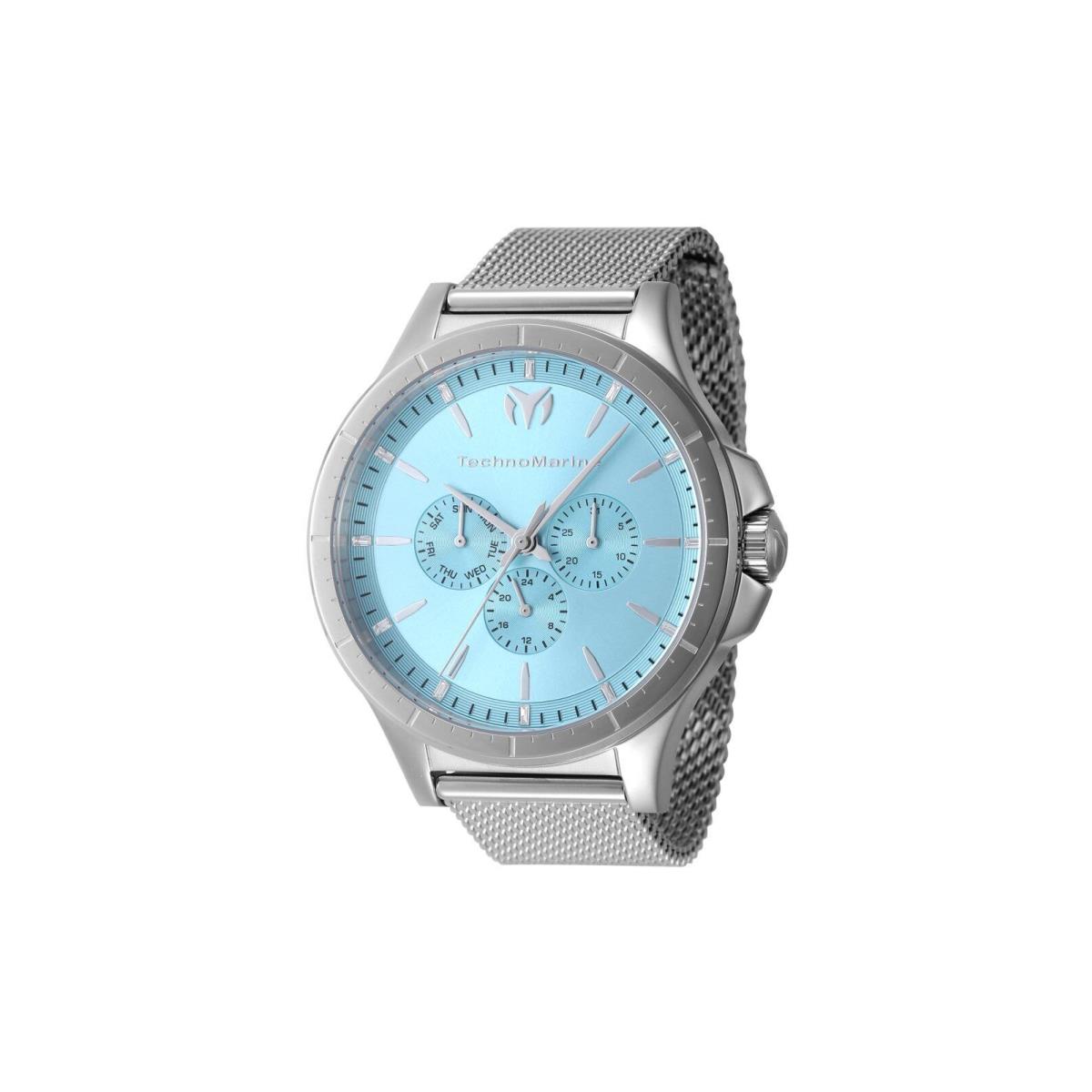 Technomarine Moonsun TM-822020 Men`s Quartz Watch - 45mm - Dial: light blue, Band: Silver, Bezel: Silver