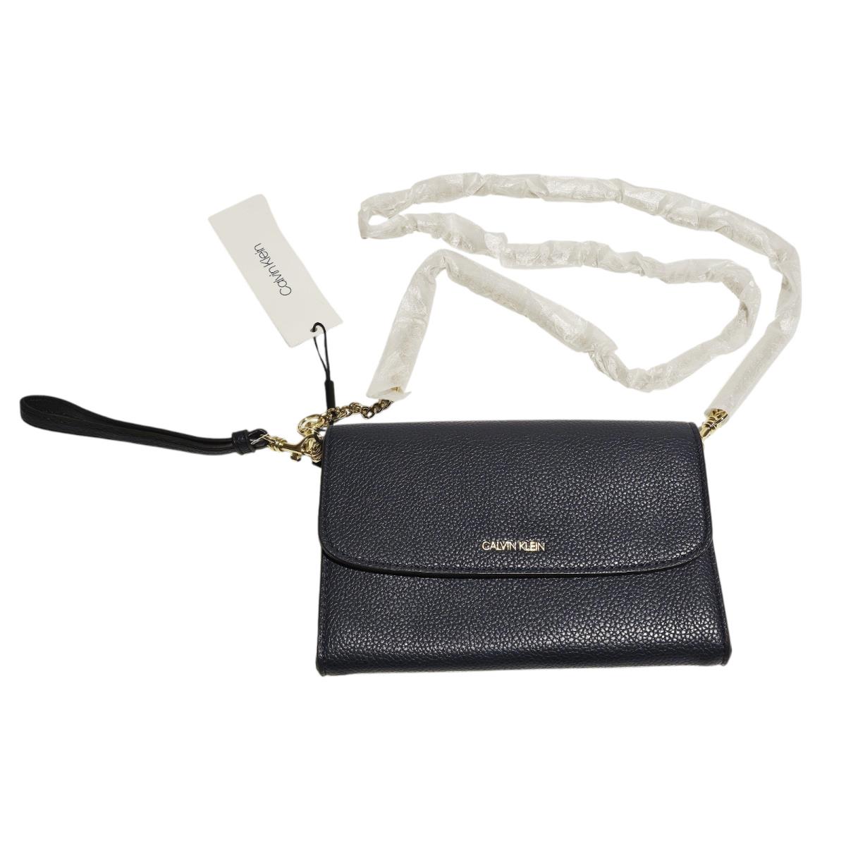 Calvin Klein Navy Pebbled Leather Wallet On Chain Crossbody Bag Clutch