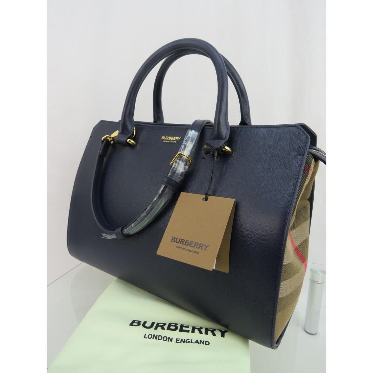 Burberry Banwell Dark Blue Leather Check Canvas SM Shoulder Tote Bag 1950