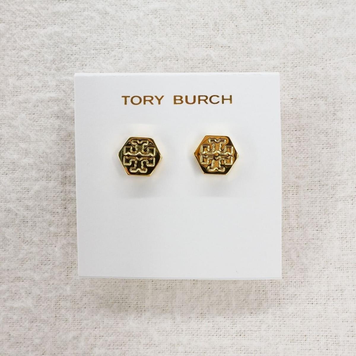 Tory Burch Hexagon Logo Stud Earrings Gold OS