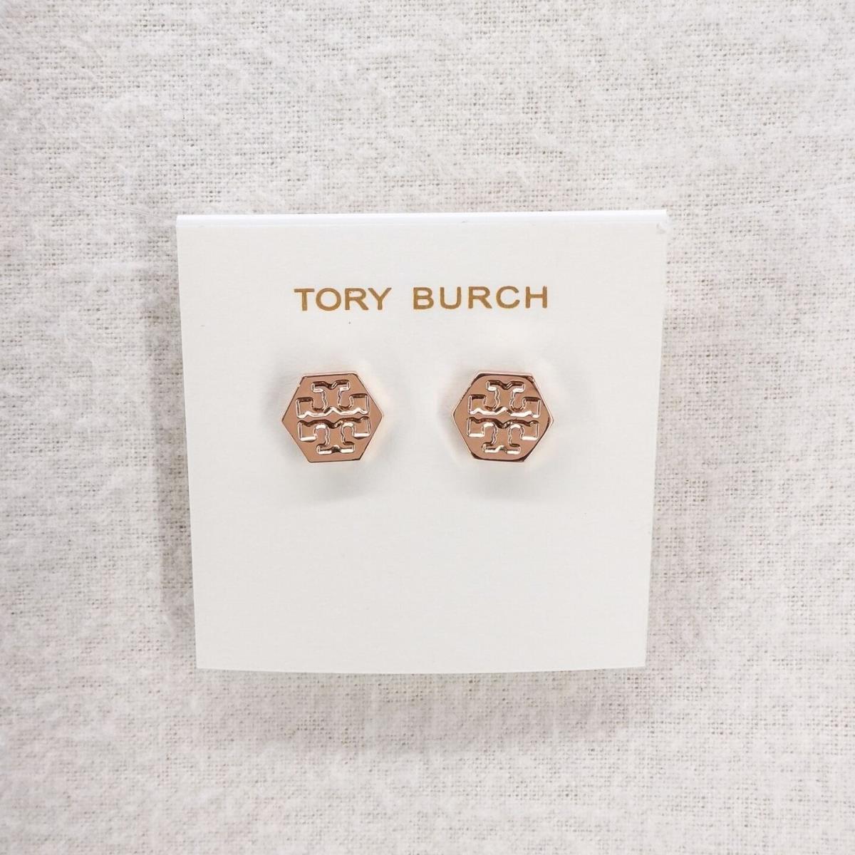 Tory Burch Hexagon Logo Stud Earrings Rose Gold OS