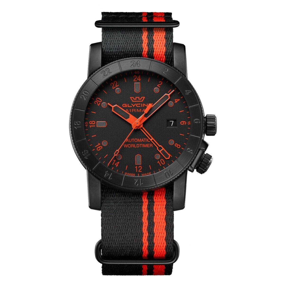 Glycine Airman Gmt Swiss Made Automatic 42mm Black Dial Nylon Strap Watch GL0497