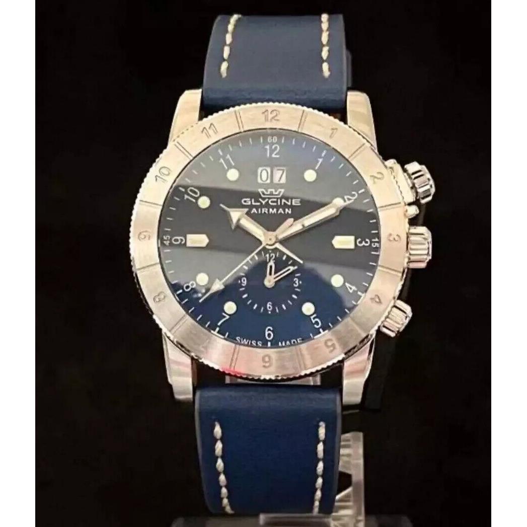 Glycine Men 42mm Airman Sapphire Quartz Gmt Swiss Made Blue Leather Watch 0151