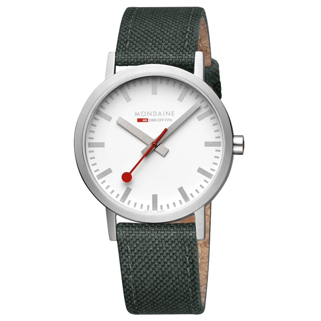 Mondaine Classic 40mm White Dial Park Green Textile Strap Official Swiss Watch