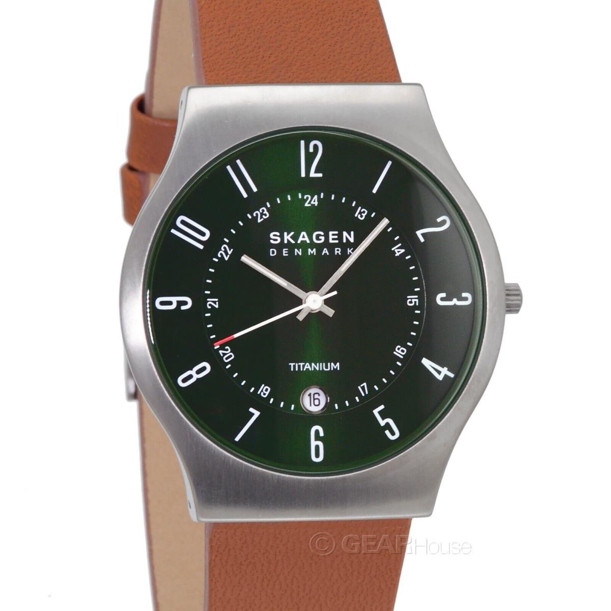 Skagen Sundby Mens Titanium Casual Watch Green Dial w/ Date Brown Leather Band