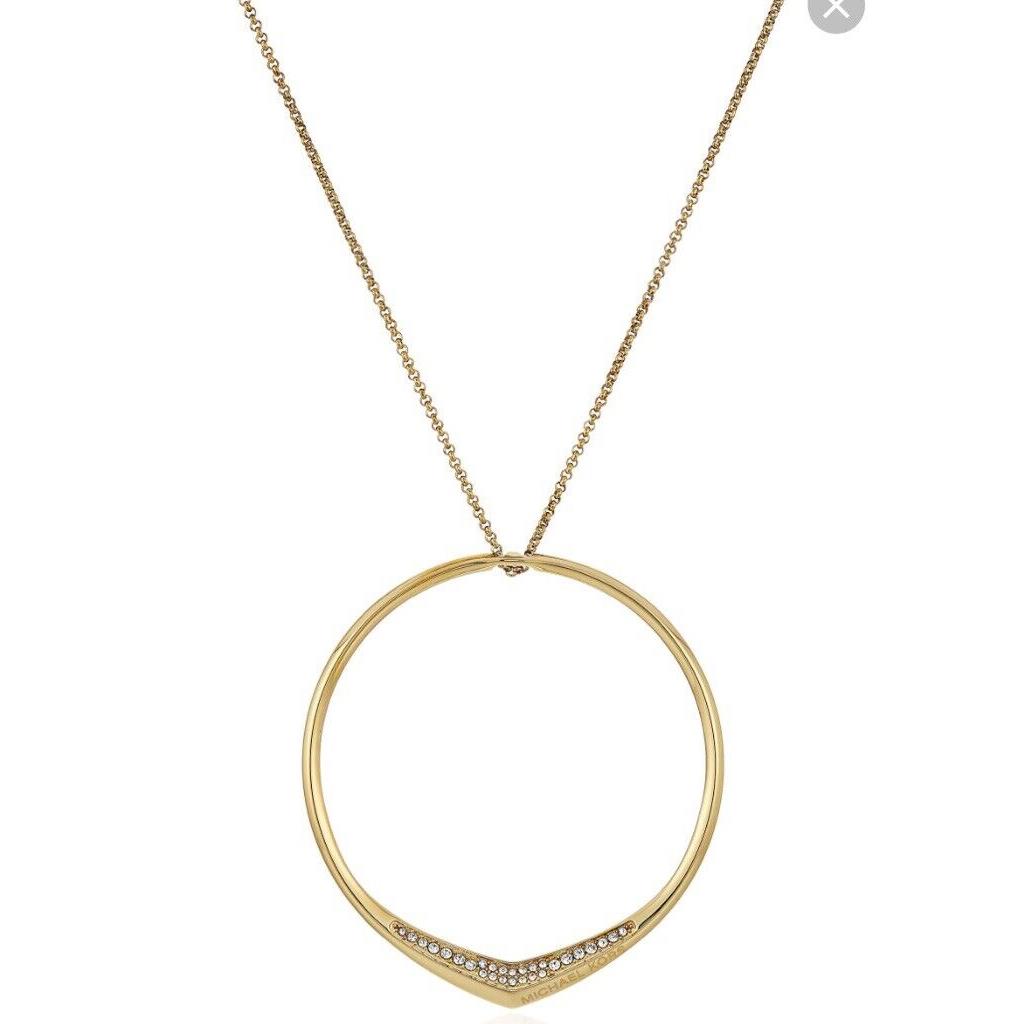 Michael Kors Goldtone Knife Edge Pave` Circle Pendant Long Necklace Z4