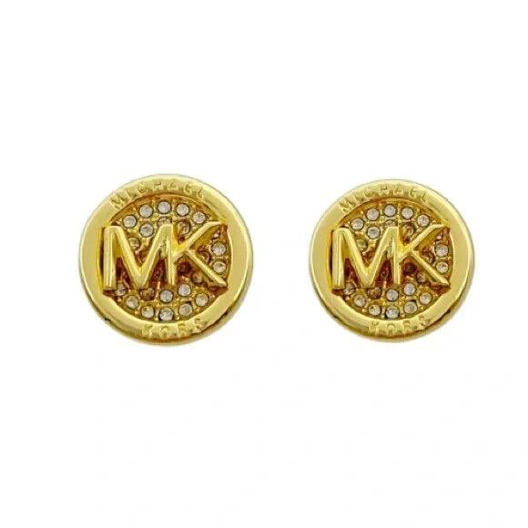 Michael Kors Gold Logo Plate with Crystals Pave Earrings. Retail