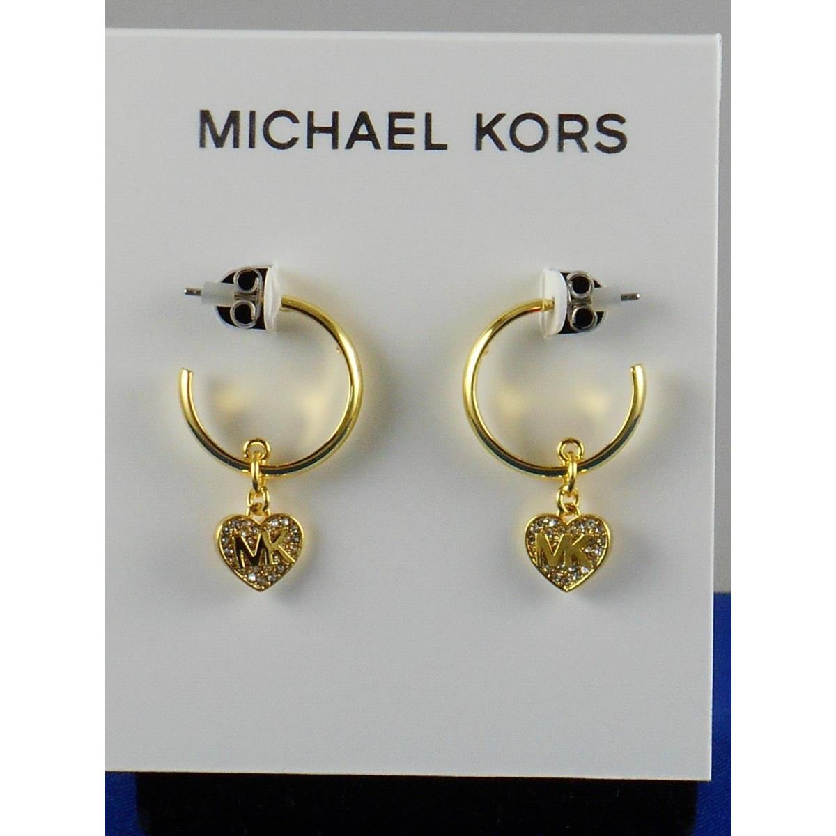 Michael Kors Gold Tone Pave Heart Charm Drop Small Hoop Earrings MKJ8192 710