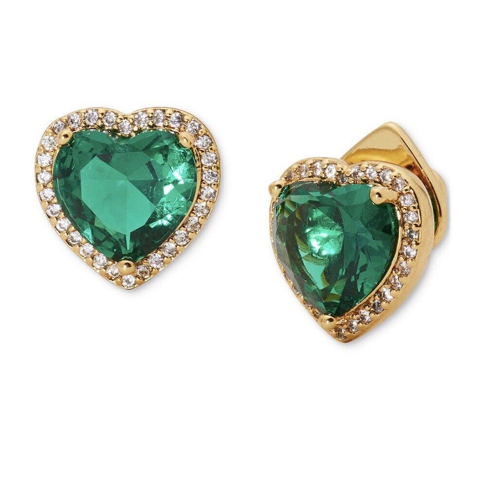 Kate Spade Green CZ Heart Halo Stud Earrings Gold Tone S1