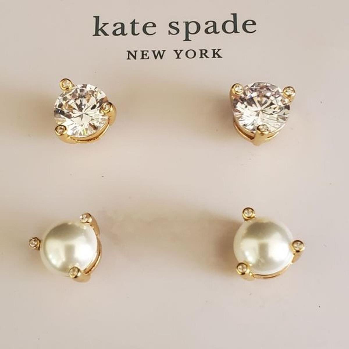 Kate Spade Rise and Shine Earrings 2 Pair Pearl Rhinestones Gold Plated