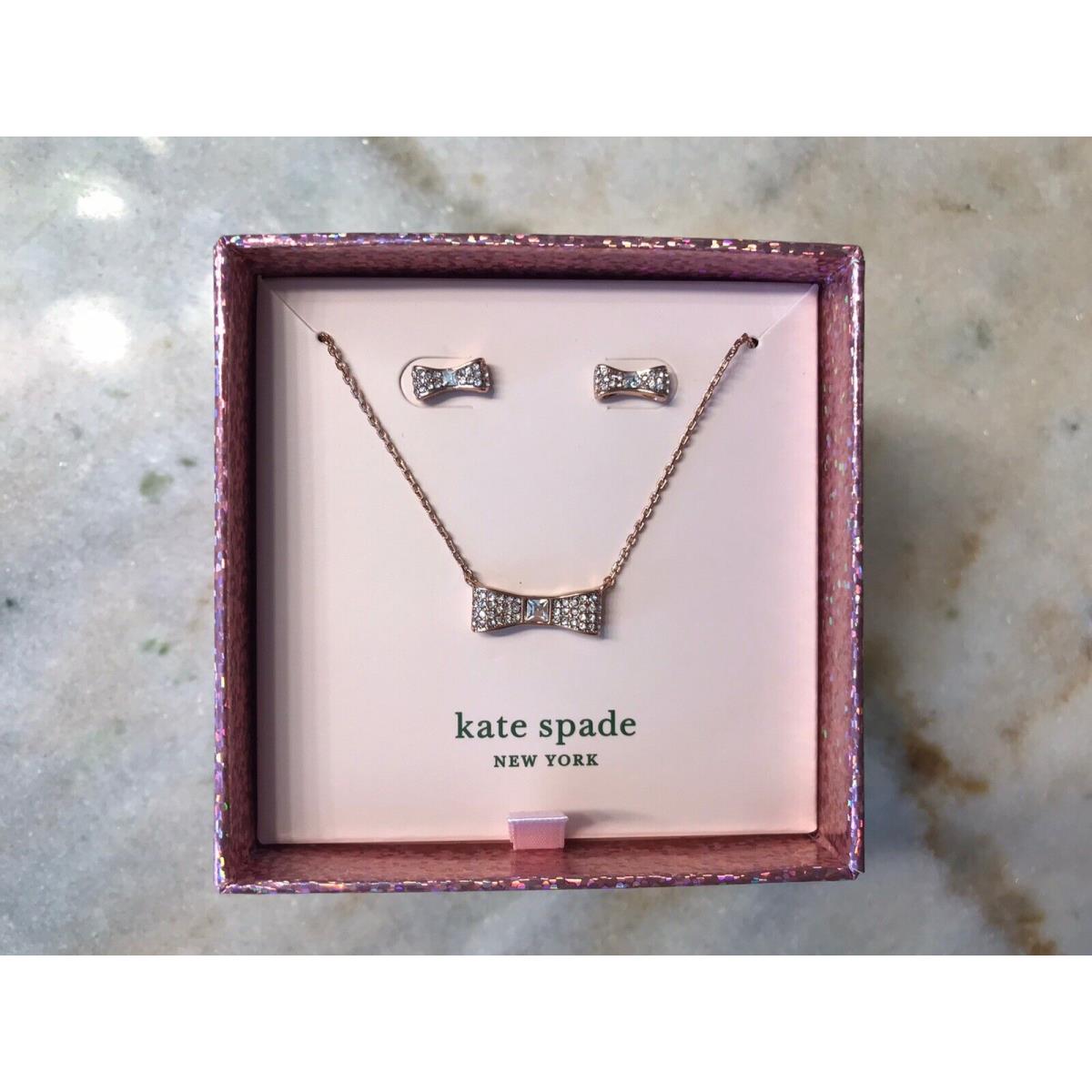 Kate Spade Rose Gold Necklace Earrings Jewelry Set Signature Bow