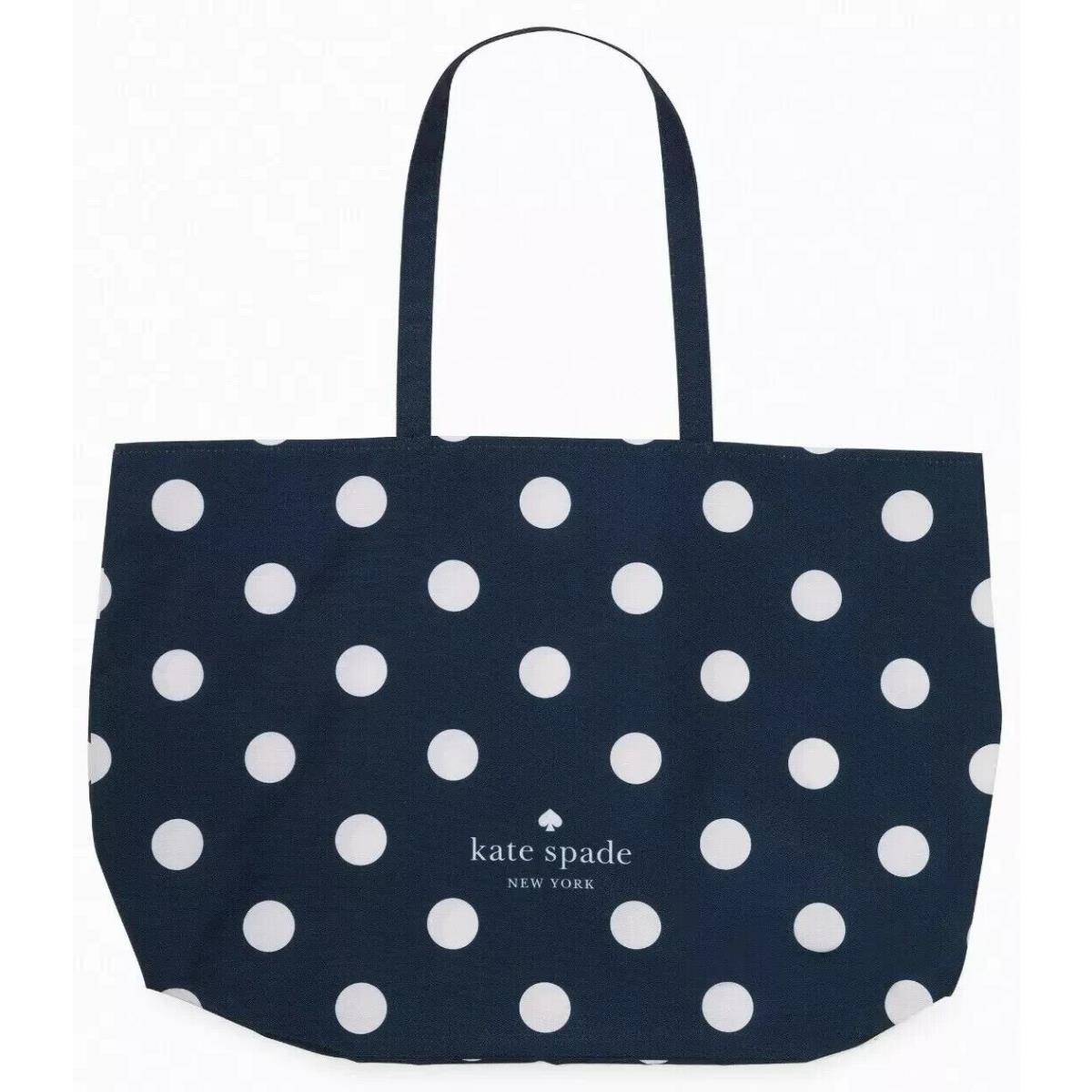 Kate Spade Dark Navy Blue Canvas Tote Large White Polka Dot 22 x 15 F