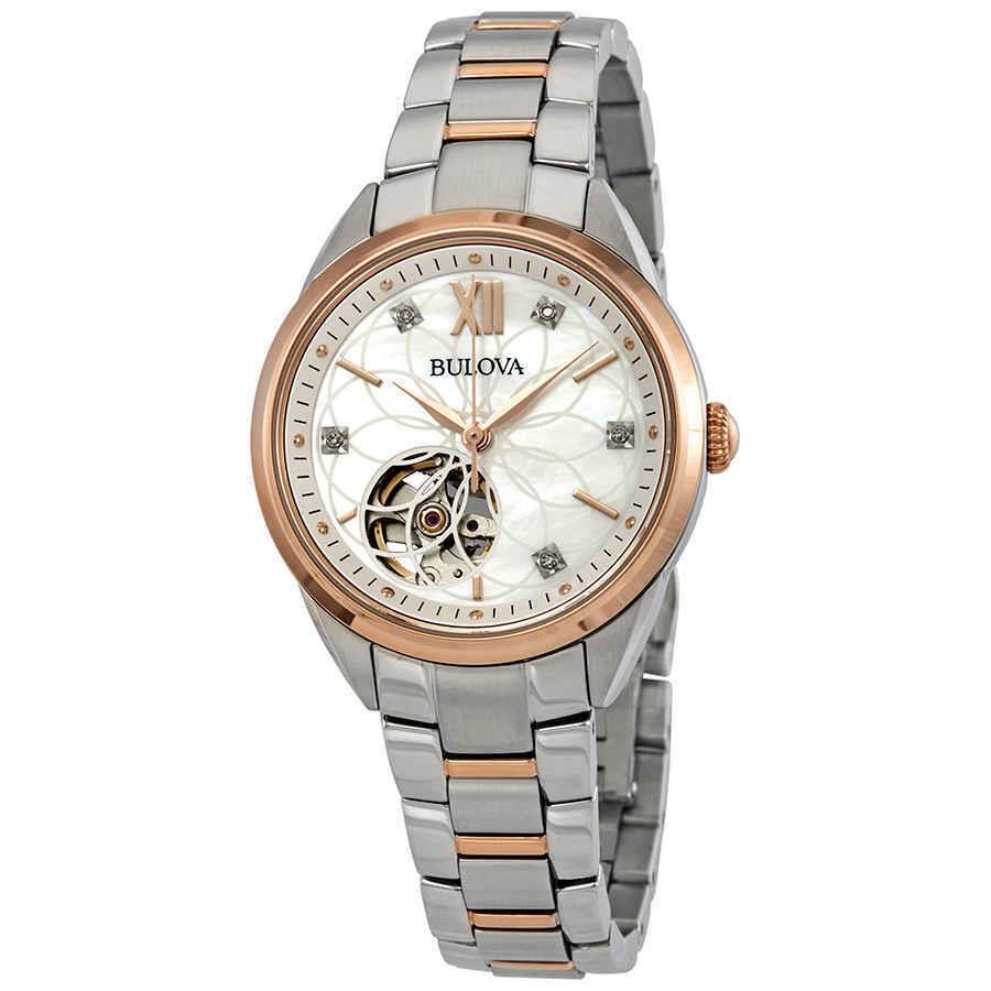 Bulova Classics Automatic Mop Diamond Dial Ladies Watch 98P170 - Dial: White, Band: Silver, Pink, Bezel: Pink