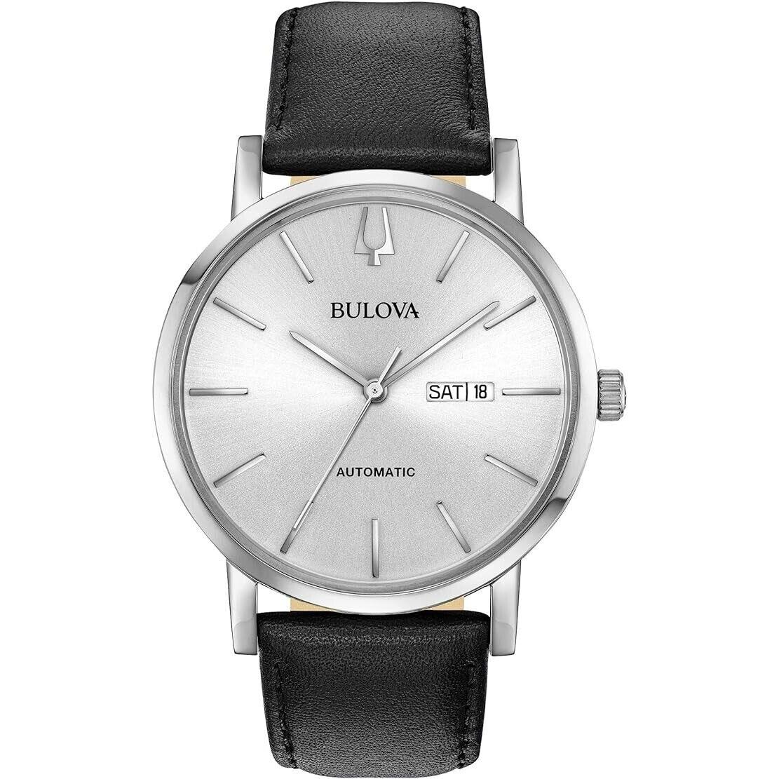 Bulova 96C130 Automatic Day/date Black Leather Strap Silver Dial Men`s Watch