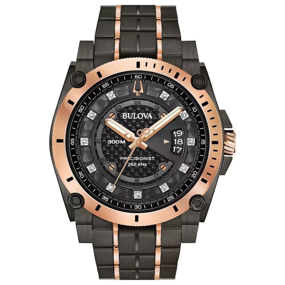 Bulova 98D149 Icon Collection Precisionist Diamond Black Dial Men`s Watch - Dial: Black, Band: Black and rose gold, Bezel: Rose Gold