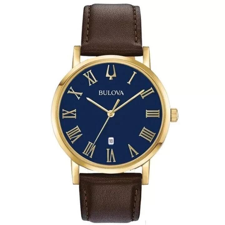 Bulova 97B177 American Clipper Brown Leather Strap Date Classic Slim Men`s Watch - Dial: Blue, Band: Brown, Bezel: Gold