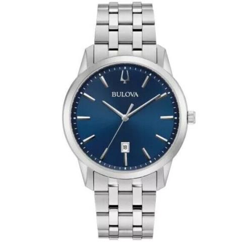 Bulova 96B338 Sutton Blue Dial Date Silver Tone Band Classic Slim Men`s Watch - Dial: Blue, Band: Silver, Bezel: Silver