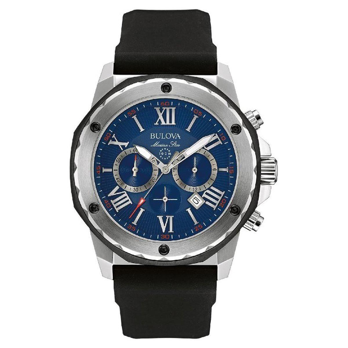 Bulova Men`s Marine Star Blue Dial Black Silicone Strap Chronograph Watch - Dial: Blue, Band: Black, Actual: Blue/ Silver