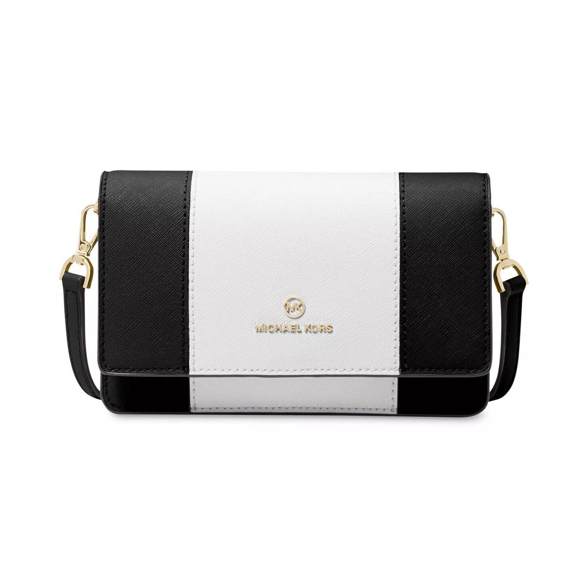 Michael Kors Jet Set Charm Saffiano Leather Colorblock Phone Crossbody Bag Black/WHITE/GOLD