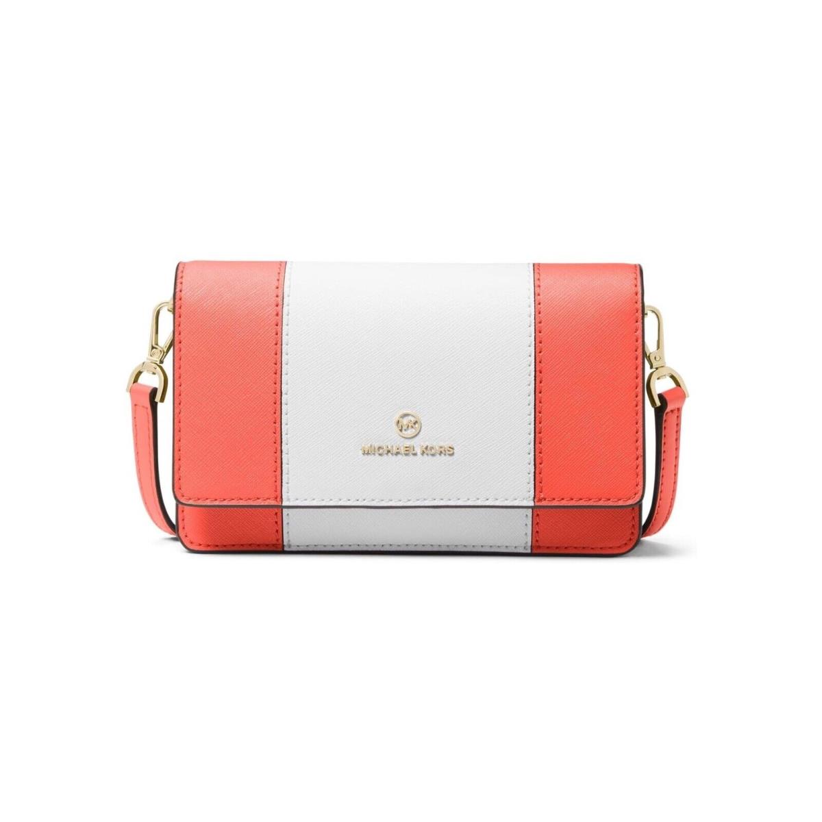 Michael Kors Jet Set Charm Saffiano Leather Colorblock Phone Crossbody Bag Coral/white/gold