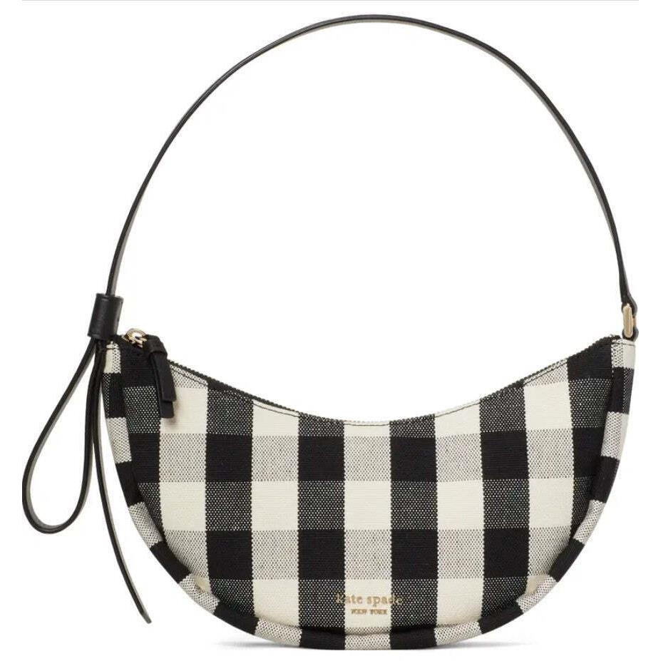 Kate Spade Smile Shoulder Bag Gingham Check Small Black Leather Trim Zip