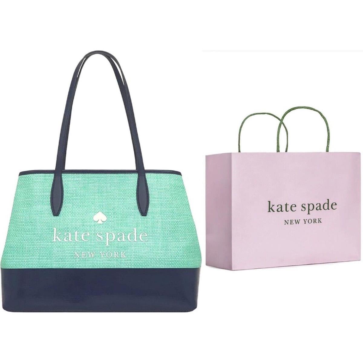 Kate Spade Street Large Straw Tote Bag Side Snap in Aqua Bloom