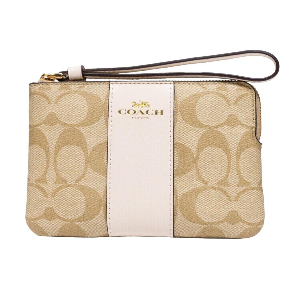 Women`s Zip Wristlet Coach Coated Canvas White Cross Grain Leather Tan Signature